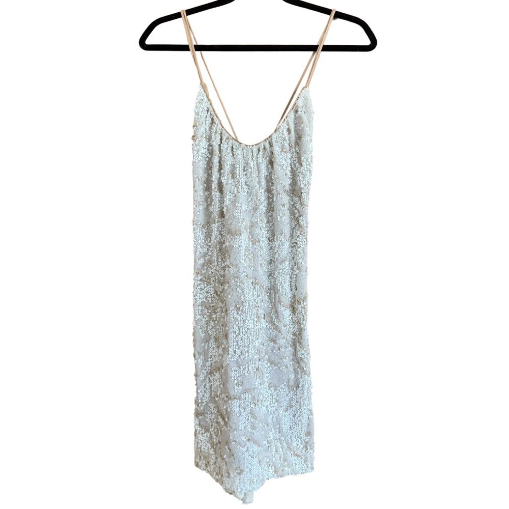 Dress the Population | Mini Sequin Open Back Dress | Size L | White & Nude